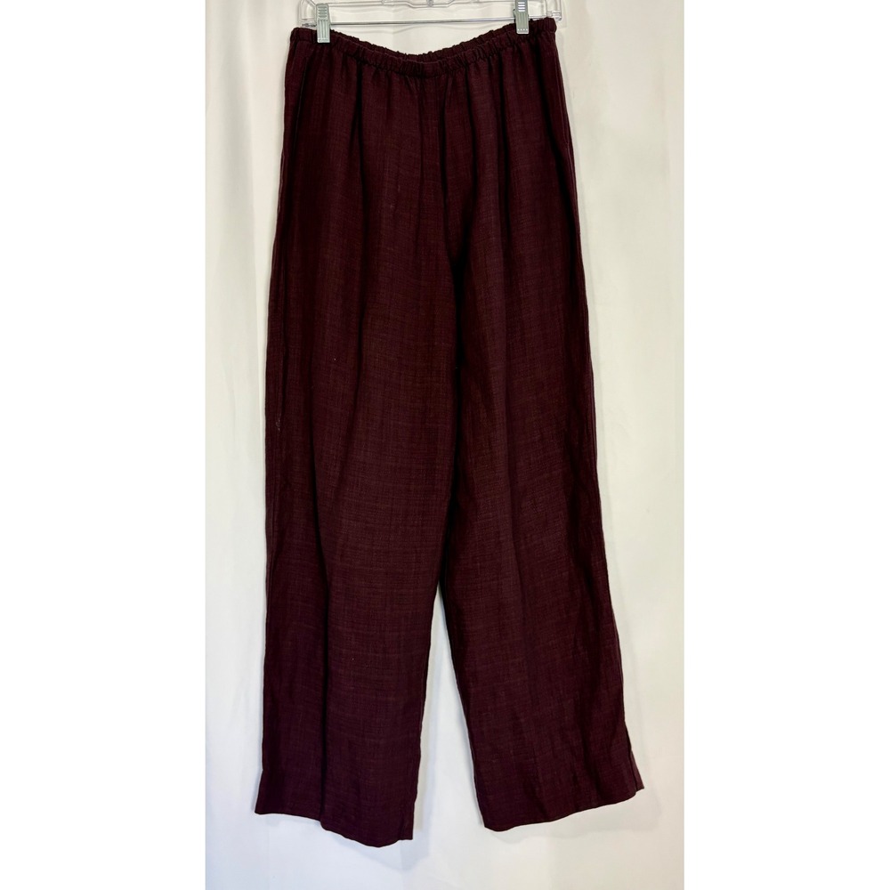 Eileen Fisher Women Small Burgundy Plum Linen Blend Wide Leg Elastic Waist Pants